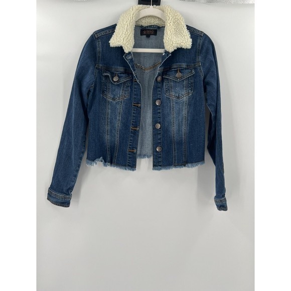 Shyanne Womens Cropped Sherpa Collar Denim Jean Jacket Raw Hem Small - Picture 2 of 6